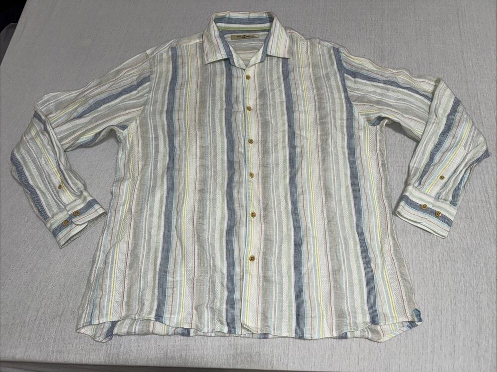 Tommy Bahama Las Mantas Stripe Linen Button Up Shirt Striped Resort Wear Large